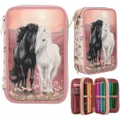 Depesche Miss Melody pennenetui, roze, met 3 vakken, paardendesign, volledig gevuld