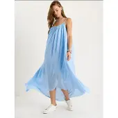 Bianco Effen Spaghetti Band Muslin Midi-jurk met Doorzichtig Zoom