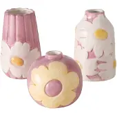 Boltze Set van 3 keramieken vaasjes met een roze reliëf bloemenmotief