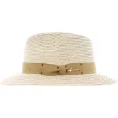 Herman breedgerande beige papieren strohoed met bijpassend lint