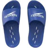 Speedo Slide Badslippers Heren - Slippers Heren met Waterafvoer in het Voetbed - Sneldrogende Badslippers Heren van Lichtgewicht EVA - Slippers voor Zwembad en Strand - Marine/Wit - Maat 40.5