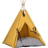 PawHut Paws Kattengrot Kattentent Huisdierbed Tipi Design Kattenhuis Geel