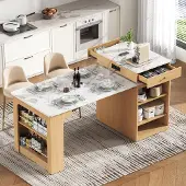 Flieks Uittrekbare eettafel met afneembaar tafelblad, barkruk met stopcontacten, eettafel 71-151x80x92cm, naturel