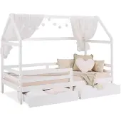 Homestyle4u Kinderbed 90x200 cm - Huisbed - met 2 beddenkisten - Wit