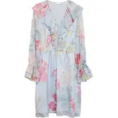 Comma Jurk lichtblauw / grasgroen / rosa