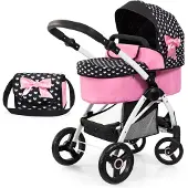 Bayer Poppenwagen City Max met tas, in hoogte verstelbaar, zwenkwielen voor, omvormbaar tot buggy, geïntegreerde mand in zwart/wit/roze