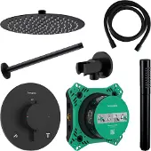Hansgrohe Regendouche inbouw ecostat plafonduitloop met handdouche en hoofddouche 20 cm thermostaat rond mat zwart