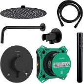 Hansgrohe Regendouche inbouw ecostat wanduitloop met handdouche en hoofddouche 20 cm thermostaat rond mat zwart