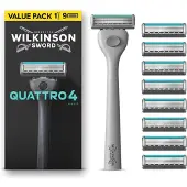 Wilkinson Quattro Scheersysteem voor mannen, voordeelverpakking, 4 mesjes met diamantcoating, scheersysteem met 9 navulmesjes