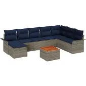 vidaXL Tuinbank Set 9 st Grijs en Marineblauw poly rattan