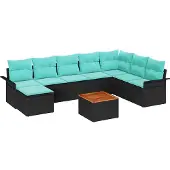 vidaXL Tuinbank Set 9 st Zwart en Turkoois poly rattan