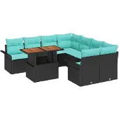 vidaXL Tuinbank Set 9 st Zwart en Blauw poly rattan