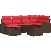 vidaXL Bankset met kussens, bruin en rood, van polyrotan, met opbergruimte