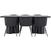 Ebuy24 Olivia eethoek tafel 100x210cm en 6 fluwelen stoelen met armleuningen zwart.