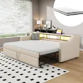 MODFU - Slaapbank – Uitschuifbaar 90/180x190 cm – Met 2 matrassen & USB – Beige jute