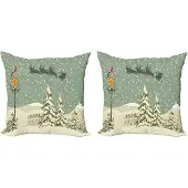 Abakuhaus Kerstkussenhoezen, set van 2, Kerstman en rendieren, moderne accenten, dubbelzijdige digitale print, 50x50 cm, beige groen wit