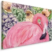 Karo-art Schilderij - Roze Flamingo en bloemen (print op canvas), 4 maten, premium print