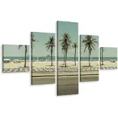 Karo-art Schilderij - Retro strand met palmbomen, 5luik, Premium print