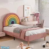 OEM Houten kinderbed, 90x200 cm, verstelbaar hoofdeinde, fluweel, roze, zonder matras