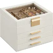 Songmics Sieradendoosje met glazen deksel, Wolkenwit + Goud / 4 laden (16,5H cm)