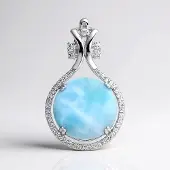 Cavill - Zilveren Hanger - 925 Sterling Zilver - 4,92 ct Larimar Ronde Cabochon - 45 Witte Topaas - Elegant Designer Sieraad