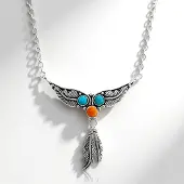 Cavill - Zilveren Halsketting - 925 Sterling Zilver Antiek - 2x Blauwe Kingman Mohave Turkooisen 0,94ct + Oranje Oester 0,47ct - Boho Ronde Cabochon