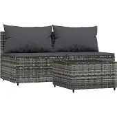 vidaXL 3-delige Loungeset met kussens poly rattan grijs