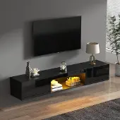 MODFU TV-meubel met open vakken, hoogglanzende afwerking, LED-verlichting en kabelmanagement, zwart