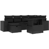 vidaXL 7-delige tuinmeubelset met kussens, zwart, polyrotan