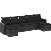 vidaXL 7-delige tuinmeubelset met kussens, zwart, polyrotan