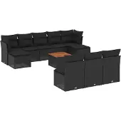 vidaXL 11-delige tuinmeubelset met kussens, zwart, polyrotan