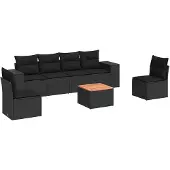 vidaXL 7-delige tuinmeubelset met kussens, zwart, polyrotan