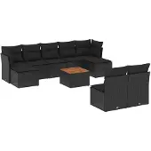 vidaXL 10-delige Loungeset met kussens poly rattan zwart