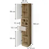 Vicco hoge kast Beatrice, Kasjmier/Artisanaal eiken, 38 x 190 cm