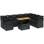 vidaXL 9-delige Loungeset met kussens poly rattan zwart
