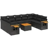 vidaXL 10-delige Loungeset met kussens poly rattan zwart