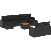 vidaXL 10-delige Loungeset met kussens poly rattan zwart