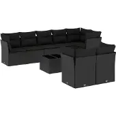 vidaXL 9-delige Loungeset met kussens poly rattan zwart