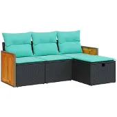 vidaXL 4-delige Loungeset met kussens poly rattan zwart