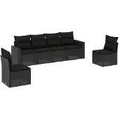 vidaXL 6-delige Loungeset met kussens poly rattan zwart