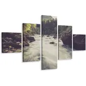 Karo-art Schilderij - Bergrivier in het Bos, 5 luik, Premium Print