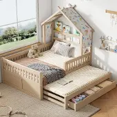 MODFU Huisvormig Bed 140x200 cm – Met uitschuifbed & 3 lades – Veiligheidshek – Crème