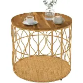 Outsunny Salontafel-Acaciahout, PE-rotan-Ø50 x 47,5H cm-Teak
