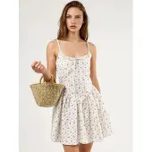Busem Bloemen U Hals Mini Jurk met Strik Detail