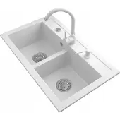 Granitan Spoelbakken Keuken Granieten Duet - met Kraan en Sifon - Spoelbak Dubbele - 75x44x18cm - Wit