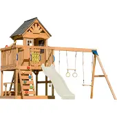 Axi Jack Speeltoestel van hout in Bruin | Speeltoren met zandbak, trapeze, dubbele schommel en Crème Glijbaan | Speelhuis op palen voor de tuin