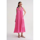MixRay Mouwloze V-hals Muslin Midi-jurk met zakken