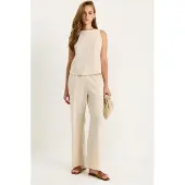 Bianco Hoge Taille Mouwloze Linnen Gemengde Tweedelige Set