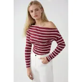 Hiccups for Kids Gestreepte Off-Shoulder Lange Mouw Geribbelde Trui