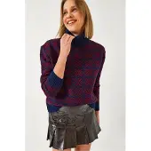 Bianco Geometrische Gebreide Crop Sweater met Col